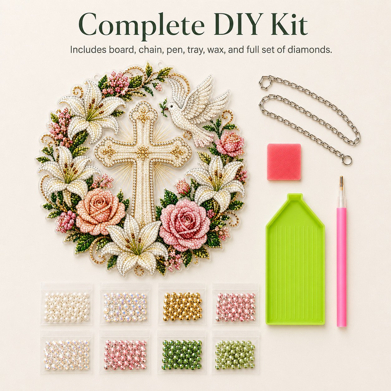 🔥LAATSTE DAG 50% KORTING - ✝️🕊️Diamond Art-set voor een hangend ornament met kruis, bloemen en vredesduif