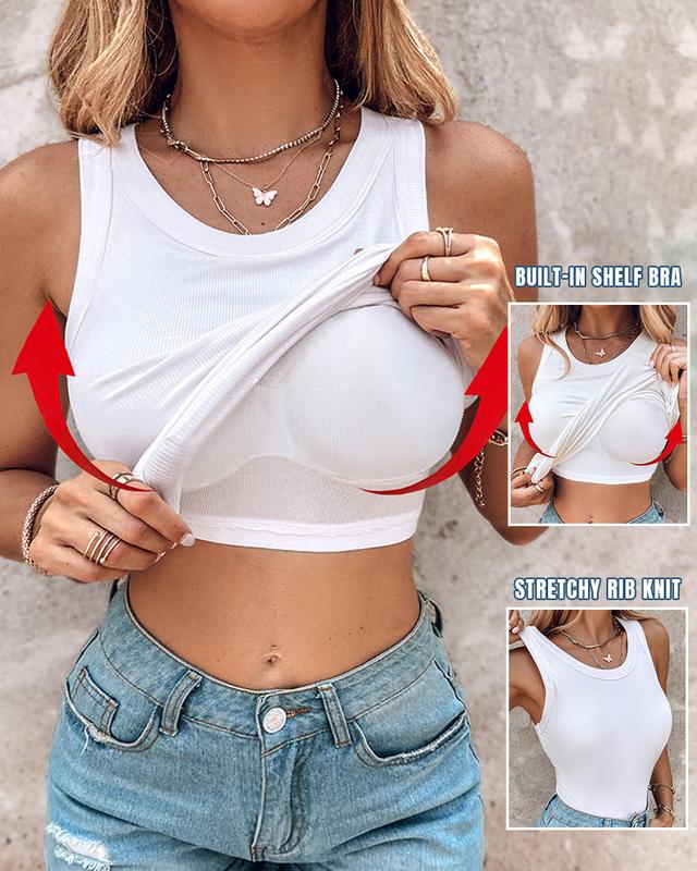 Chicme Ronde Hals Ingebouwde BH Geribbelde Tank Top Fit Casual Comfortabel💥