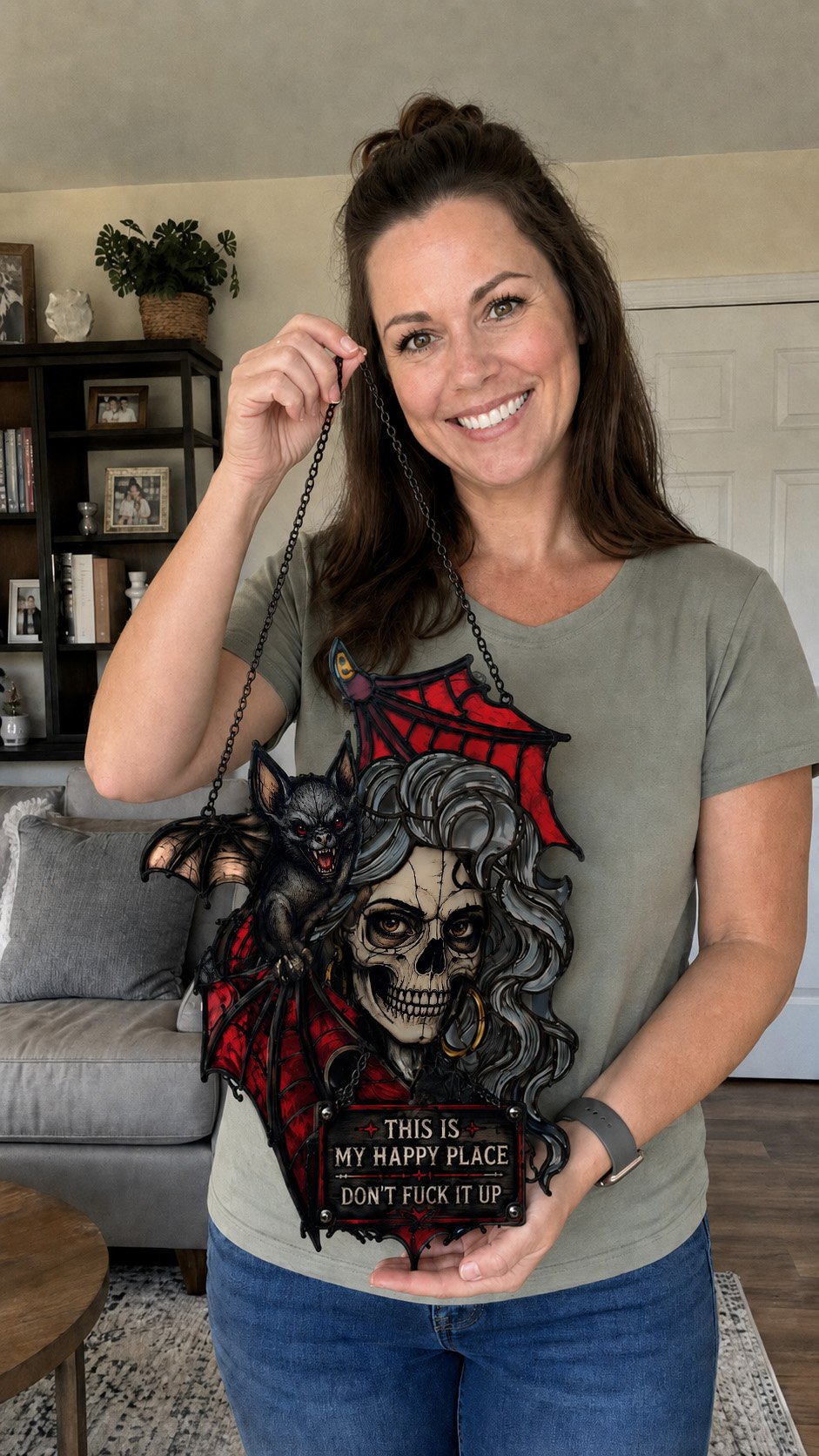 🦇💀Gotische schedel & vleermuis “My Happy Place” wanddecoratie — Wanddecoratie met haareffect dat reageert op je stemming✨