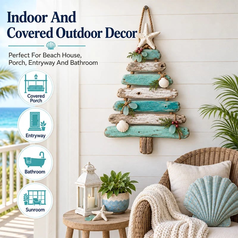 🌊🎄 Kerstboom van drijfhout, verlichte wanddecoratie voor een strandhuis ⭐🌙