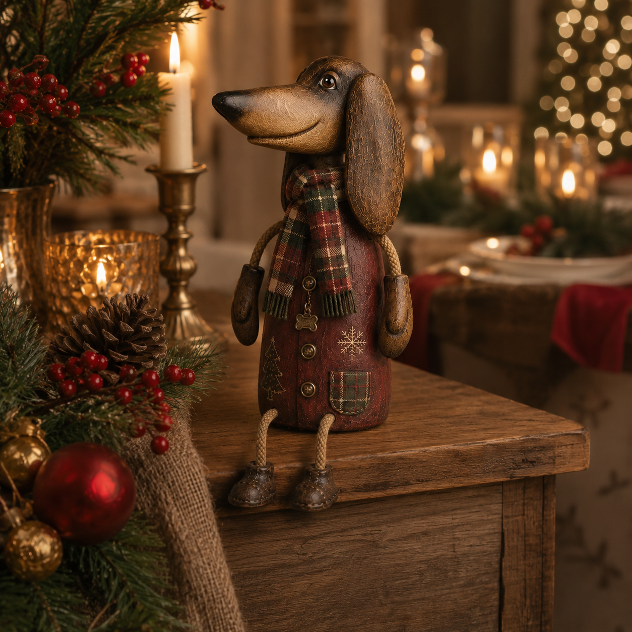 🏡Vintage kerstfiguurtje van een teckel voor op de plank