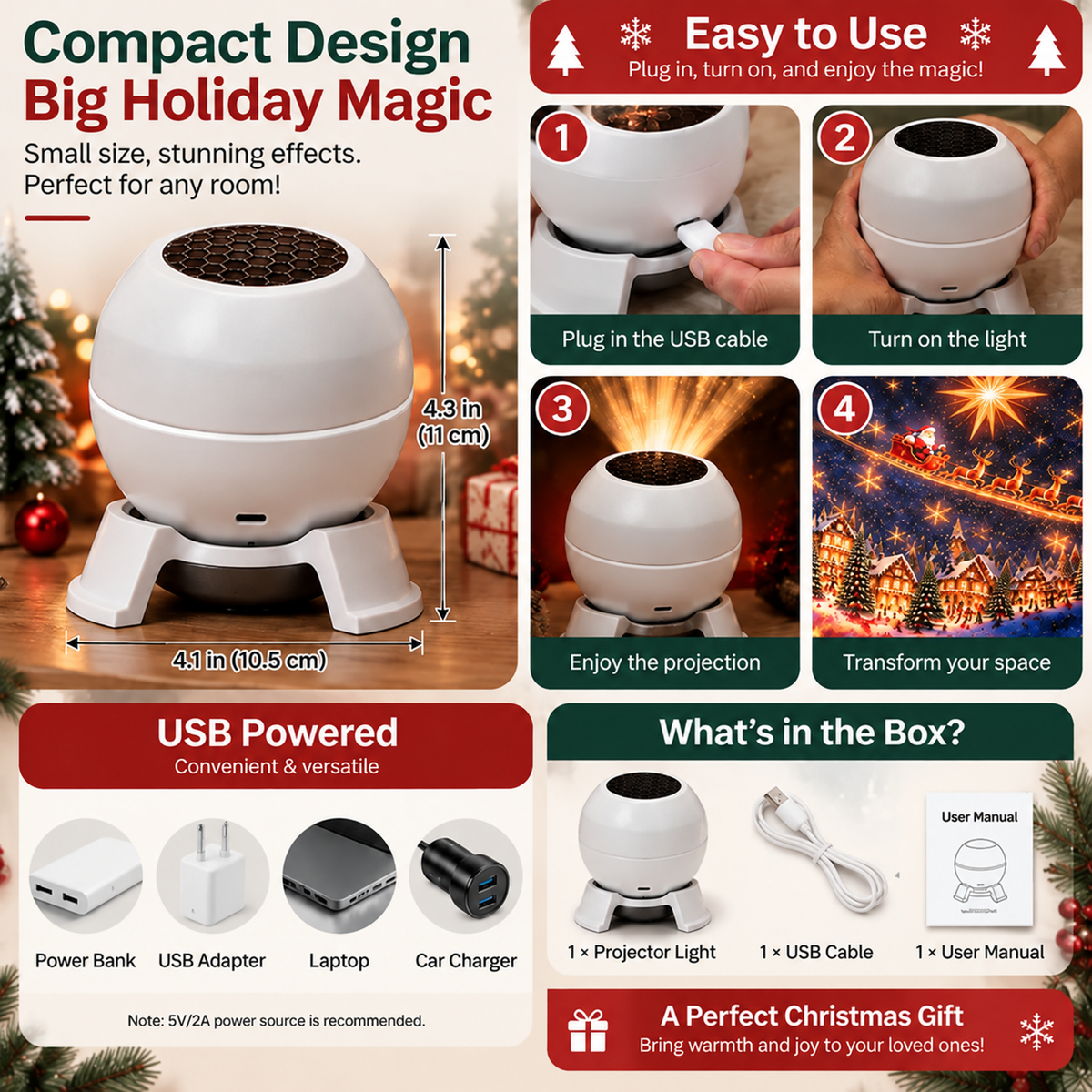 🎅🌠 Compacte Kerstlichtprojector – Geniet van Feestelijke Projecties Zonder Slingers of Ladders!