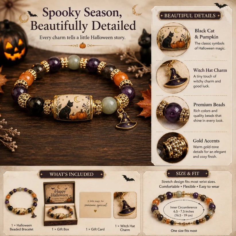 🔥LAATSTE DAG 50% KORTING - 🎃Cadeauset met kralenarmband in de vorm van een zwarte kat en pompoen, limited edition 2026 Halloween