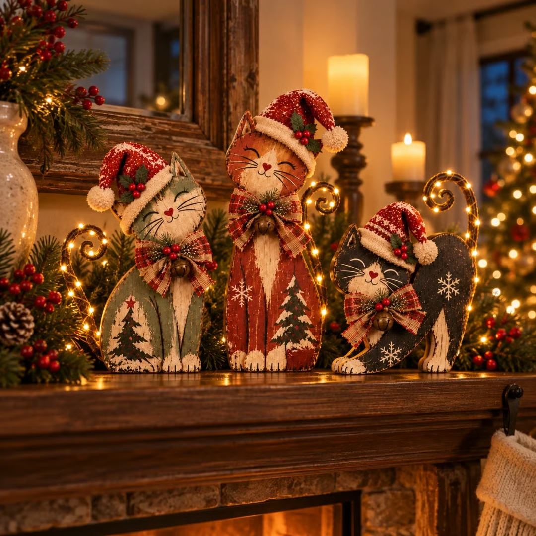 🎄Vintage verlicht kerstkattentrio🐱