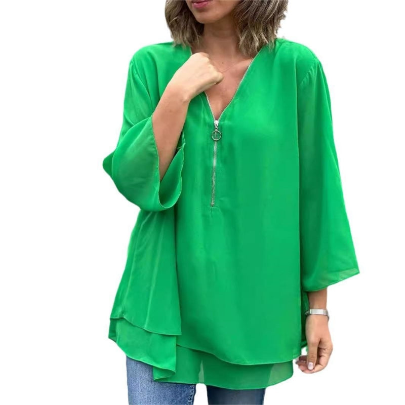 ✨Dubbellaagse V-hals ritssluiting 3/4 mouwen zachte tops