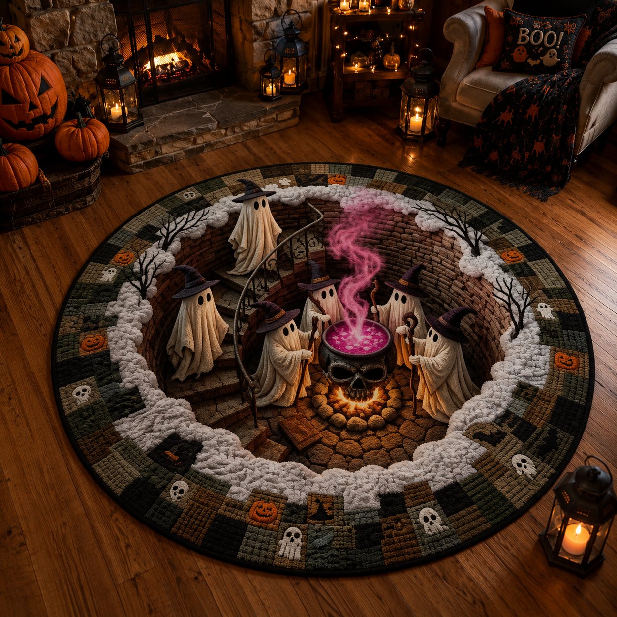 🔥 Rond vloerkleed met 3D-spooktrap – Griezelige Halloween-optische illusie 👻