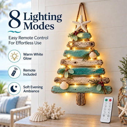 🌊🎄 Kerstboom van drijfhout, verlichte wanddecoratie voor een strandhuis ⭐🌙