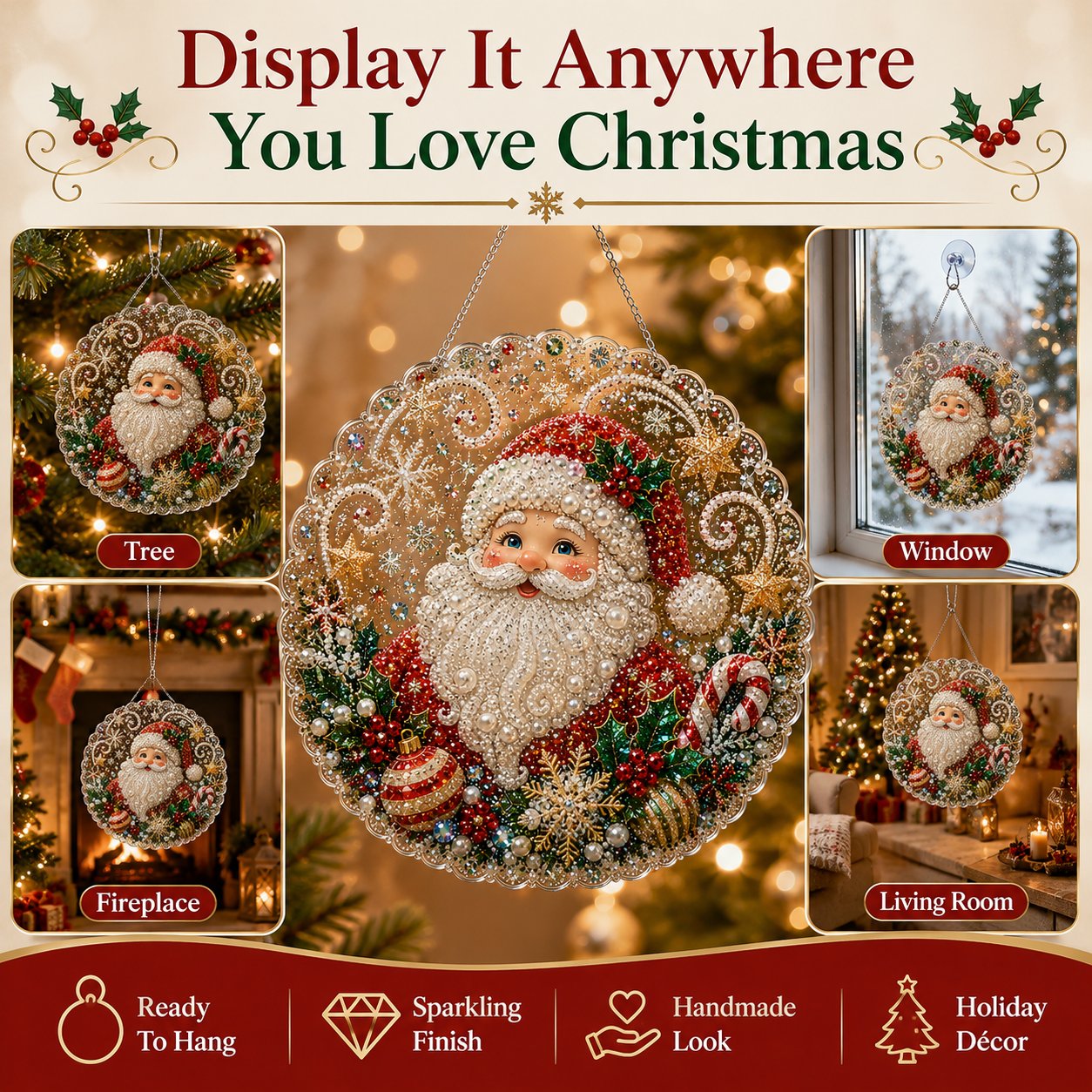 🎄 Kerst-diamantkunst-set met parels voor een acryl wandplaat | Krasbestendig, kleurvast bord met parelkraaltjes | Zelf te maken, handgemaakte kerstversiering 🎅💎