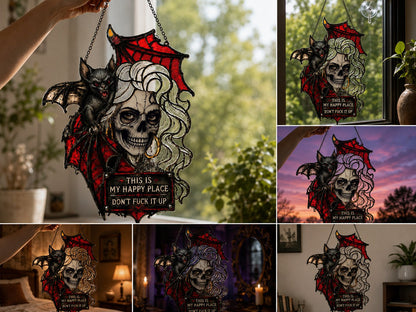 🦇💀Gotische schedel & vleermuis “My Happy Place” wanddecoratie — Wanddecoratie met haareffect dat reageert op je stemming✨