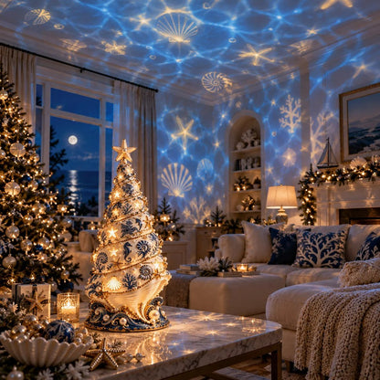 🌊 Kerstlamp met projectie van een schelpenboom aan de kust | Warme gloed & op de oceaan geïnspireerde kerstprojectie ✨