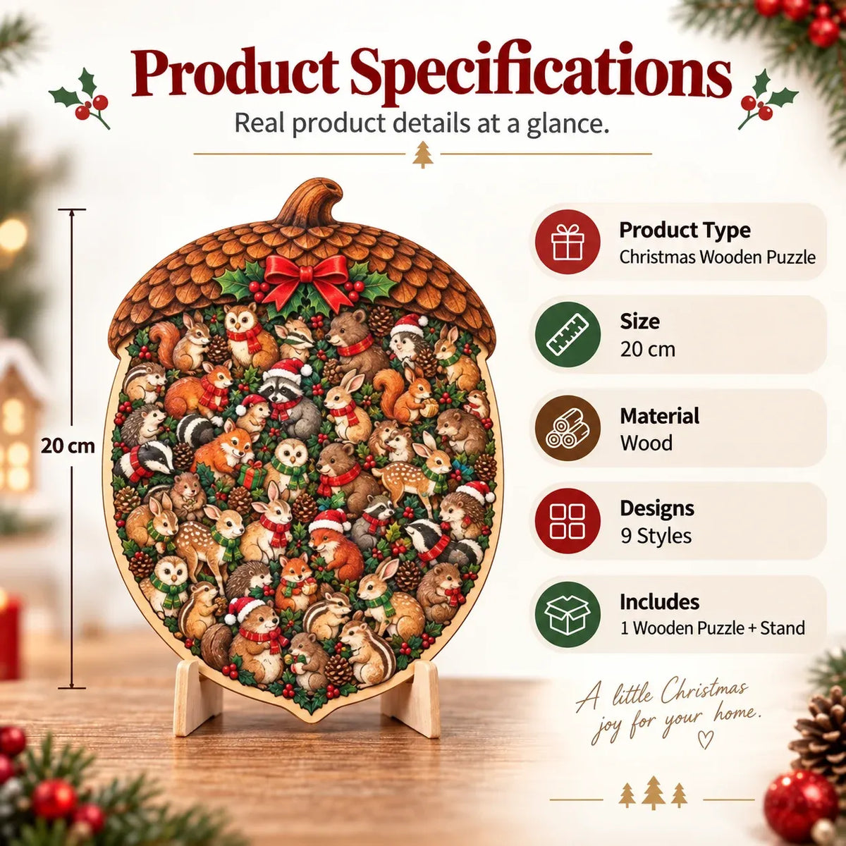 🎄 Houten kerstpuzzel van 20 cm met standaard | 9 feestelijke ontwerpen om in elkaar te zetten en tentoon te stellen 🧩