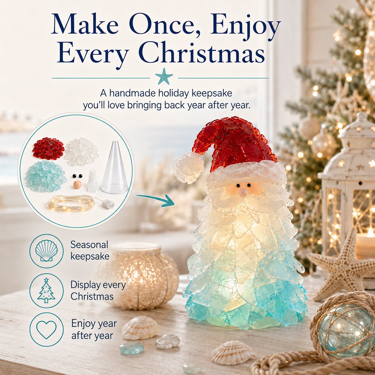 🎅 Beginnersvriendelijke doe-het-zelf-set voor kerstversiering met verlichte zeeglas-kerstman | Complete set inclusief stukjes zeeglas, warme kerstverlichting en een stapsgewijze handleiding 💕