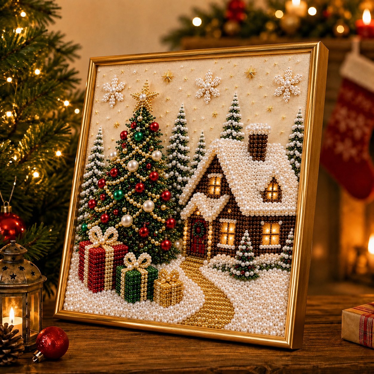 🎄🎅 Premium 3D-kerstwanddecoratieset met parels | Luxe canvas met vloklaag en krasbestendige, kleurvaste parelkraaltjes – DIY-kerstdecoratie ⛄️❄️