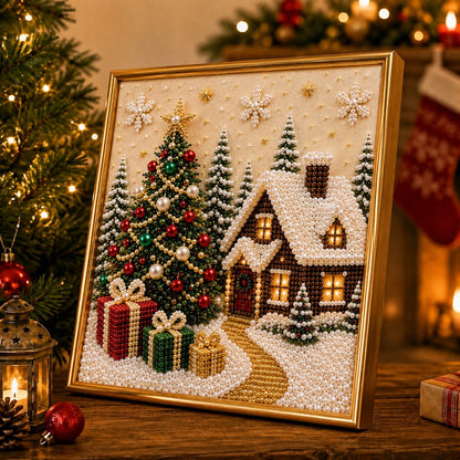 🎄🎅 Premium 3D-kerstwanddecoratieset met parels | Luxe canvas met vloklaag en krasbestendige, kleurvaste parelkraaltjes – DIY-kerstdecoratie ⛄️❄️
