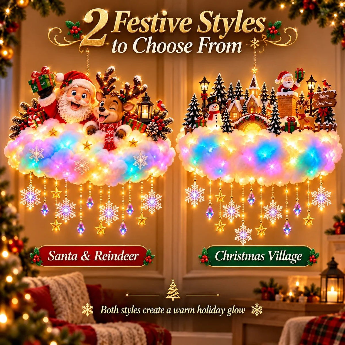 🎄 Verlichte kerstwolk als hangdecoratie – Kerstman & winterdorp als kerstversiering