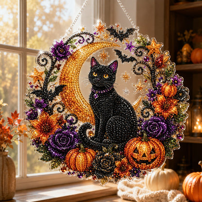 ✨🎃Halloween-hangsieraad-set met zwarte kat en maan in diamantkunststijl👻