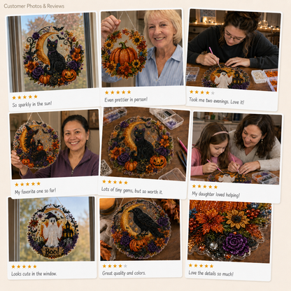 ✨🎃Halloween-hangsieraad-set met zwarte kat en maan in diamantkunststijl👻