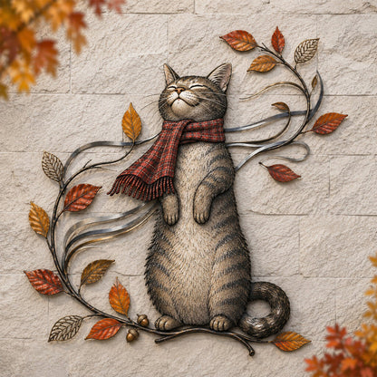 🍁Metalen wanddecoratie met herfstkat🐱