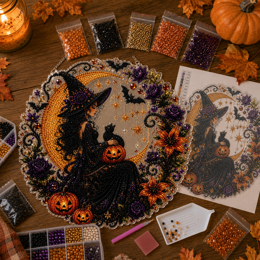 ✨🎃Halloween-hangsieraad-set met zwarte kat en maan in diamantkunststijl👻