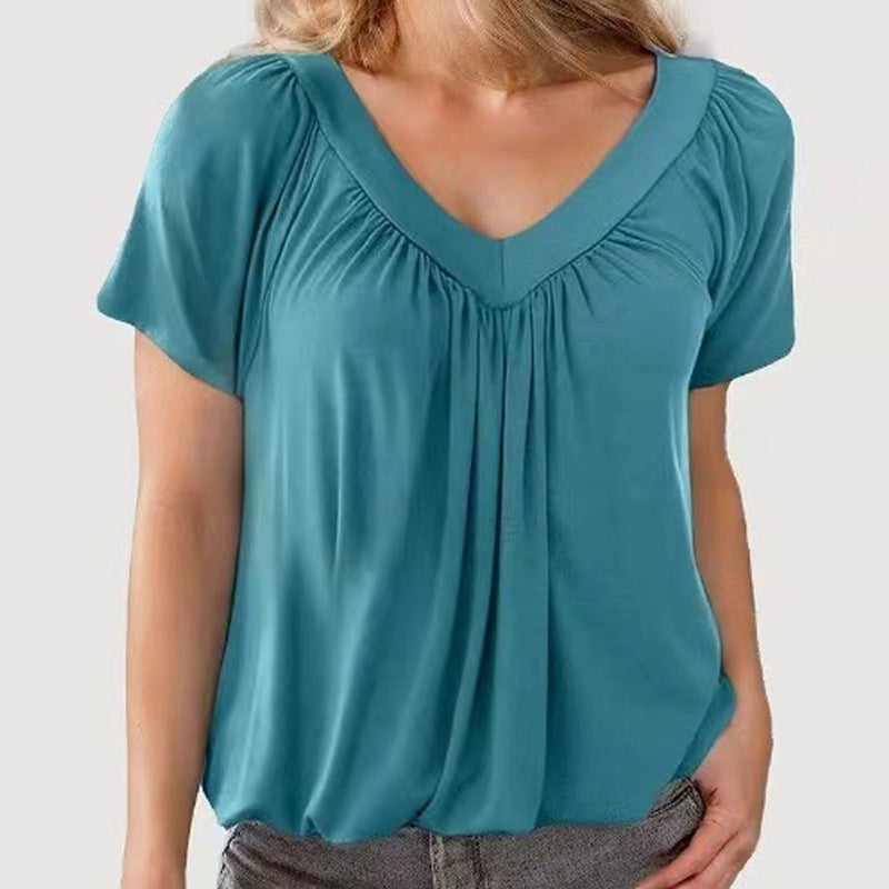 Vrouwen casual geplooide V-hals top met korte mouwen
