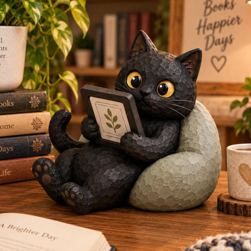 🐱📚 Beeldje van een lezende kat — Een boekenliefhebbers-accessoire voor gezellige hoekjes