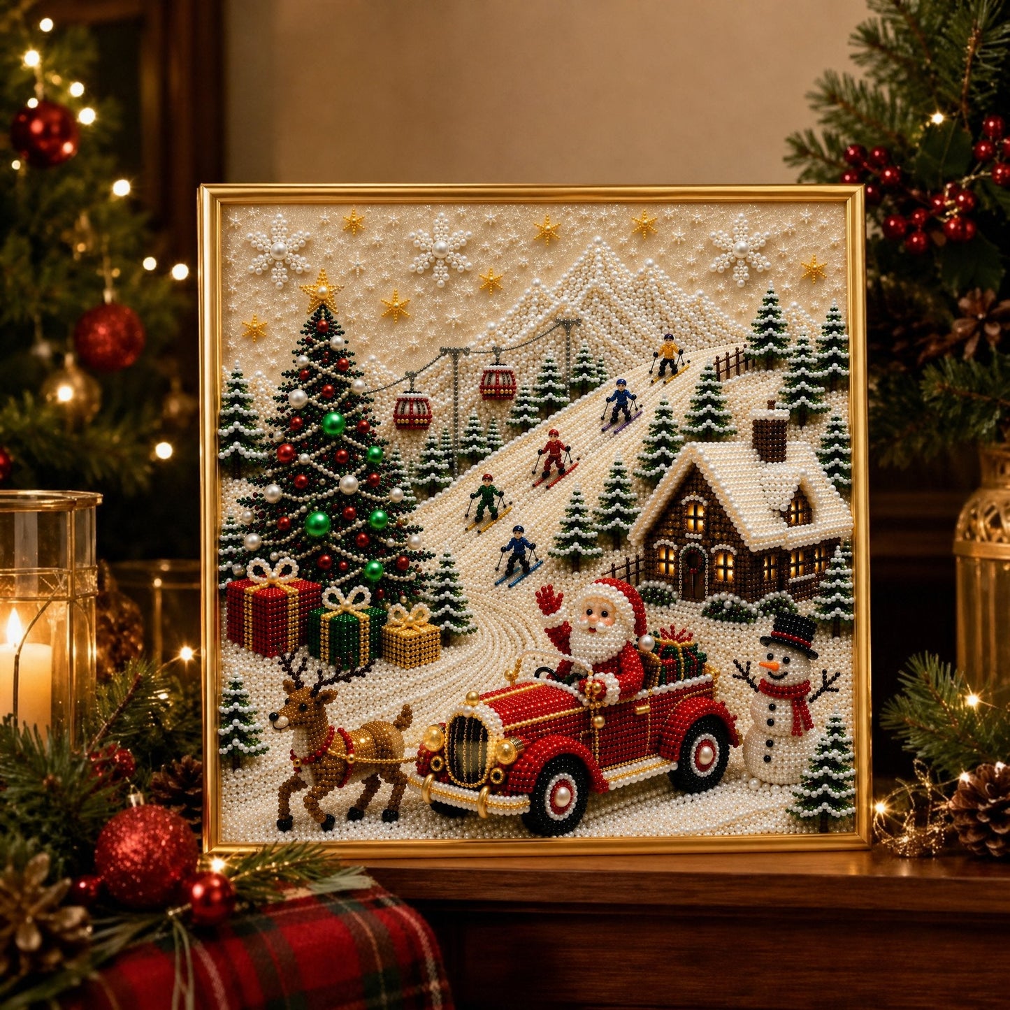 🎄🎅 Premium 3D-kerstwanddecoratieset met parels | Luxe canvas met vloklaag en krasbestendige, kleurvaste parelkraaltjes – DIY-kerstdecoratie ⛄️❄️