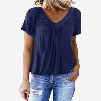 Vrouwen casual geplooide V-hals top met korte mouwen
