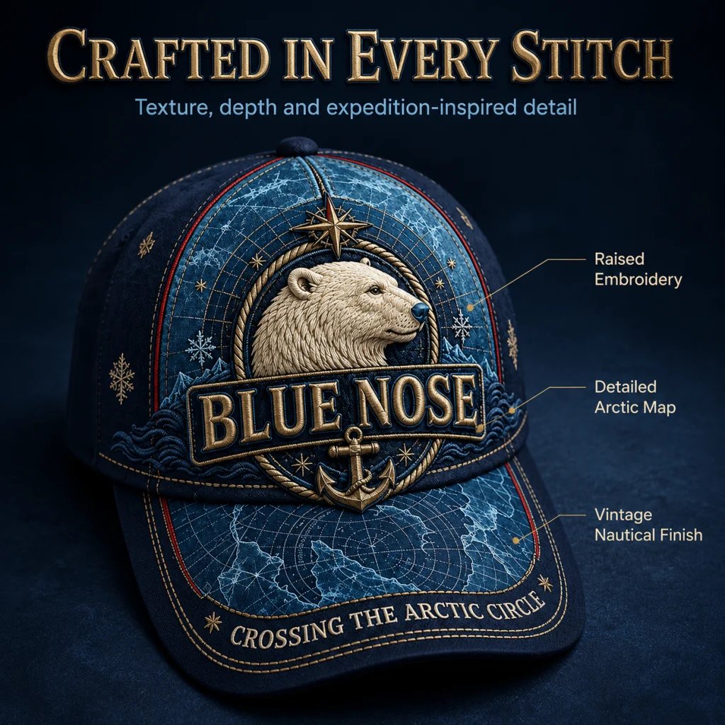 🐻‍❄️🏔️ Vintage “Blue Nose” Poolbeer – Herdenkingspet voor de oversteek van de poolcirkel 🧢