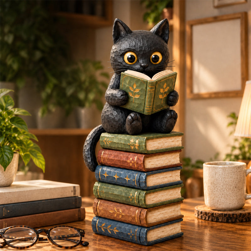🐱📚 Beeldje van een lezende kat — Een boekenliefhebbers-accessoire voor gezellige hoekjes