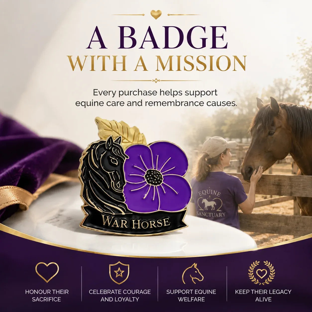🐴 Broche ter herdenking van de 111e verjaardag met paard en paarse klaproos | Een betekenisvol herdenkingsaandenken met antiek-geïnspireerde details voor veteranen, paardenliefhebbers en geschiedenisliefhebbers 💜