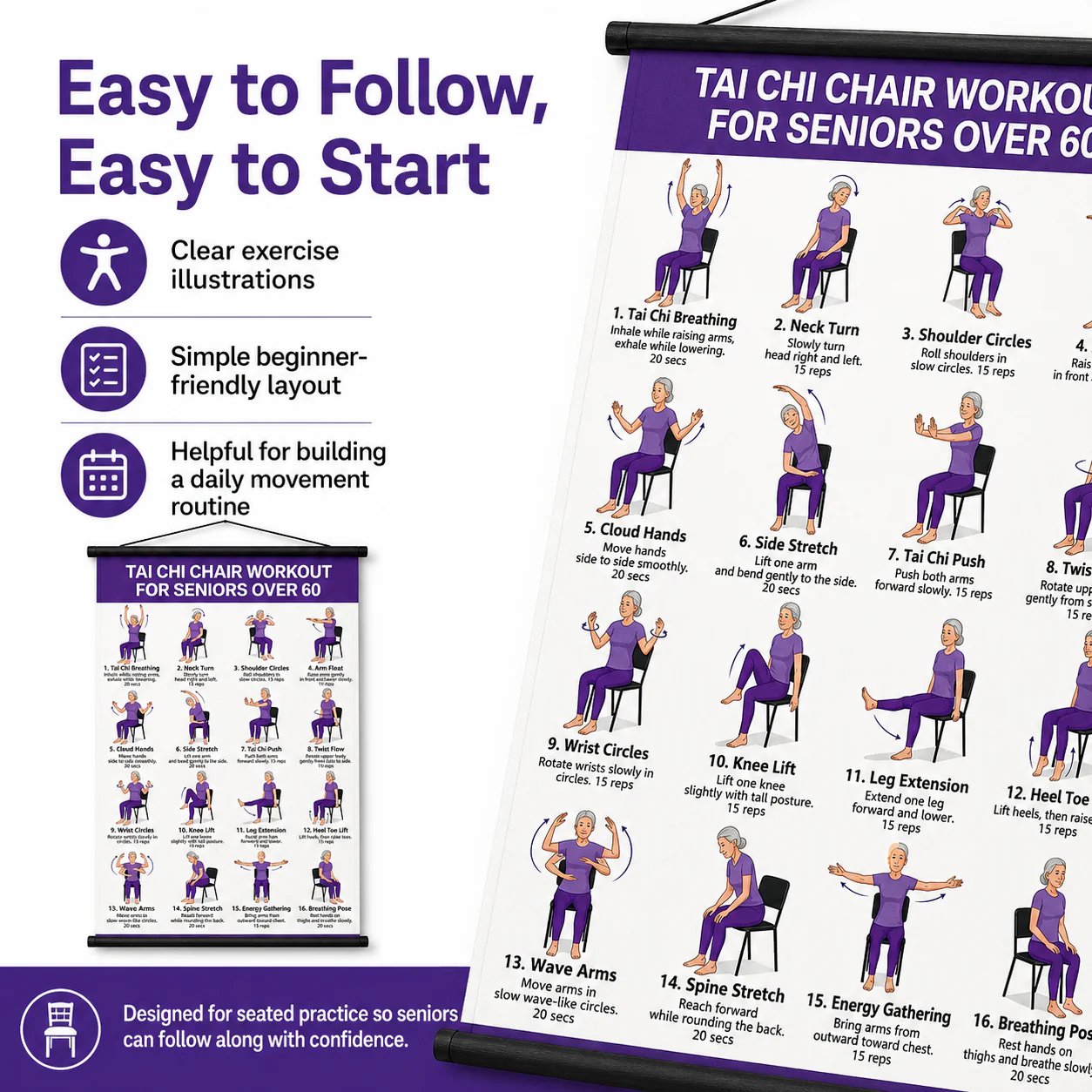 🧘‍♀️☯Tai Chi-oefeningenkaart voor senioren (16 x 24 inches) – Eenvoudige dagelijkse beweging zonder gedoe!