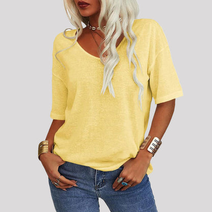 Dames-T-shirt met effen kleur V-hals