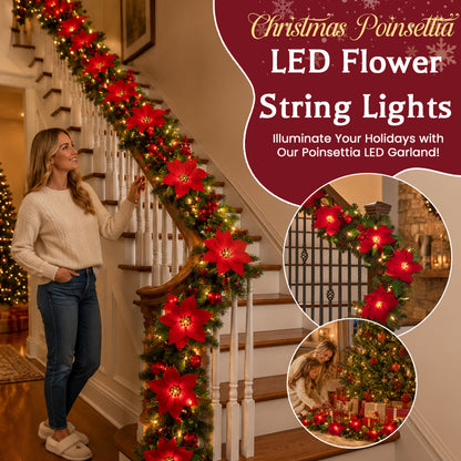 😍 🎄 Kerstster-lichtslinger – 2 m warme LED-slinger met rode bloemen en hulstblaadjes