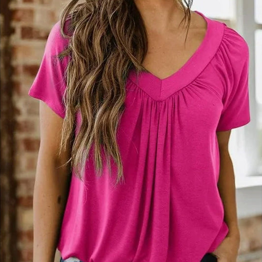 Vrouwen casual geplooide V-hals top met korte mouwen
