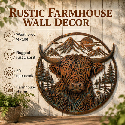 🐂Metalen wanddecoratie met berglandschap en Highland-koe🏔️