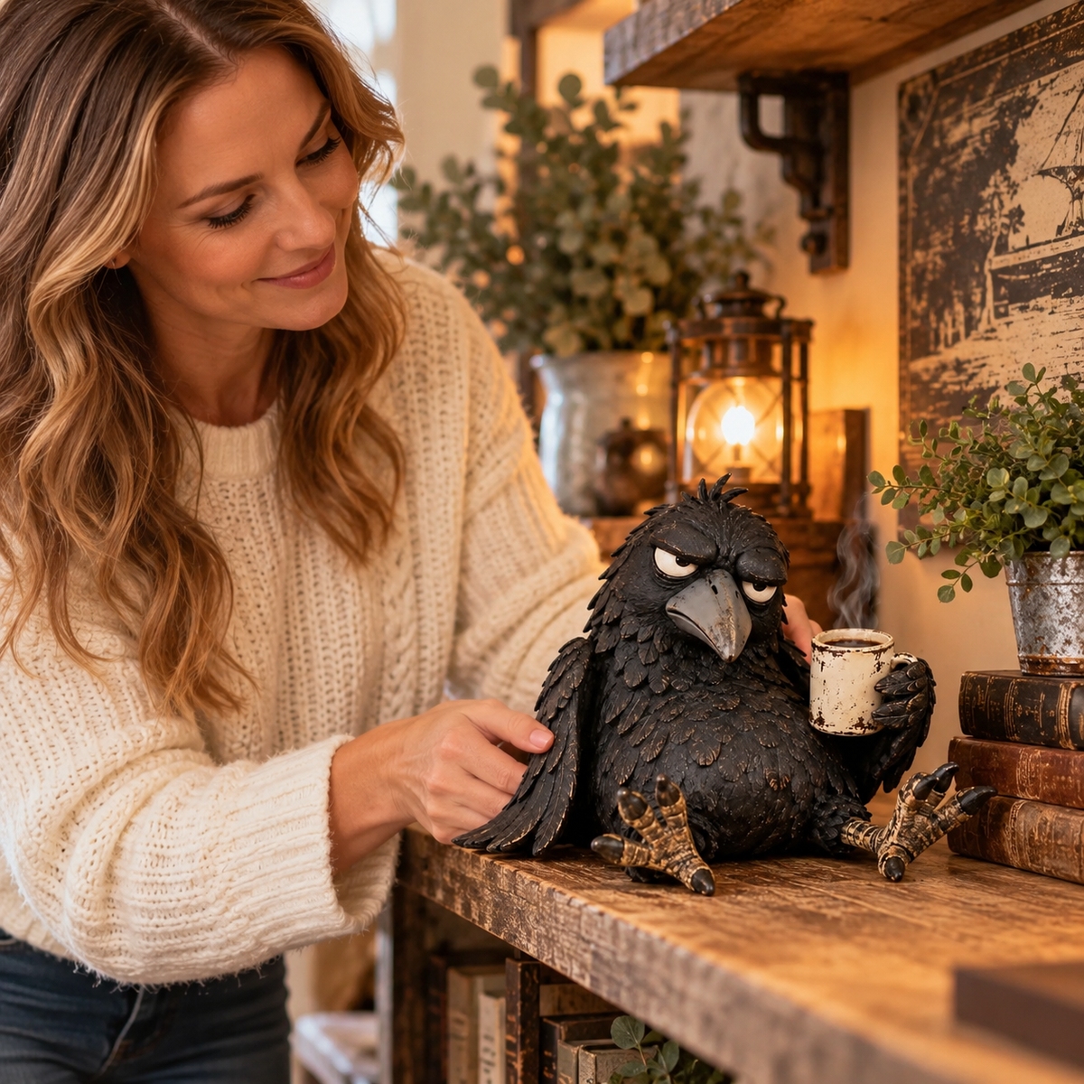 🐦‍⬛☕️ Grumpy Coffee Raven-beeldje – “Not Yet” grappige ochtenddecoratie ✨