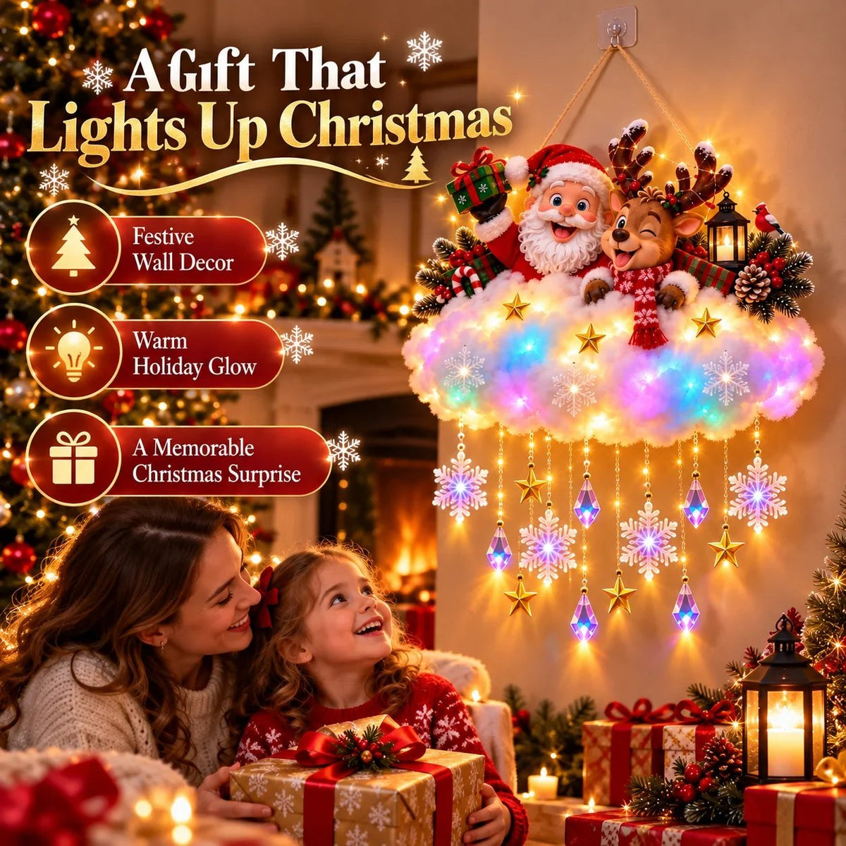 🎄 Verlichte kerstwolk als hangdecoratie – Kerstman & winterdorp als kerstversiering