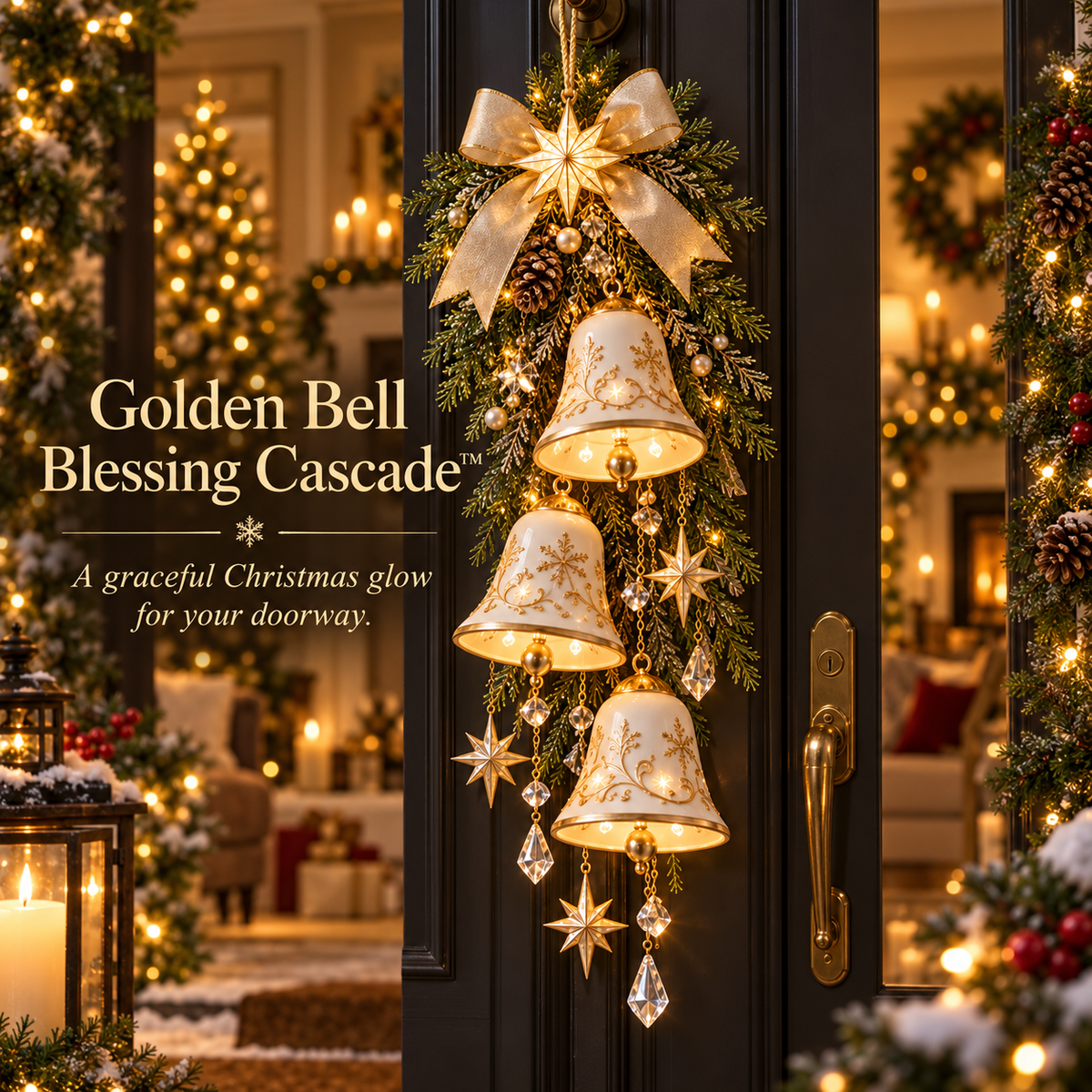 🔔✨Laatste dag: 49% KORTING✨✨ Golden Bell Blessing Cascade™ – Verlichte kerstdeurversiering