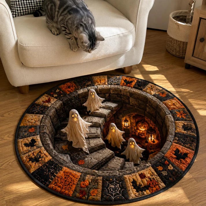 🔥 Rond vloerkleed met 3D-spooktrap – Griezelige Halloween-optische illusie 👻