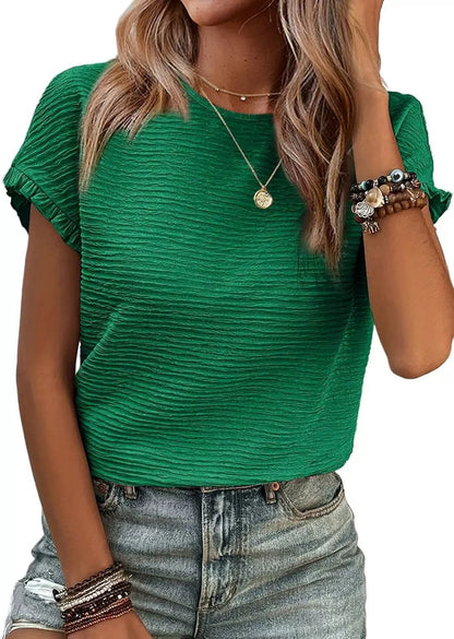 2025 Zomeroutfit Dames Tops met korte mouwen Ronde hals Ruffle Casual Zomer Gestructureerde Werk T-shirts T-shirt Blouse