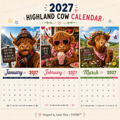 🐮📅 2027 Grappige Highland Cow Wandkalender – A4 Hangkalender 😂✨