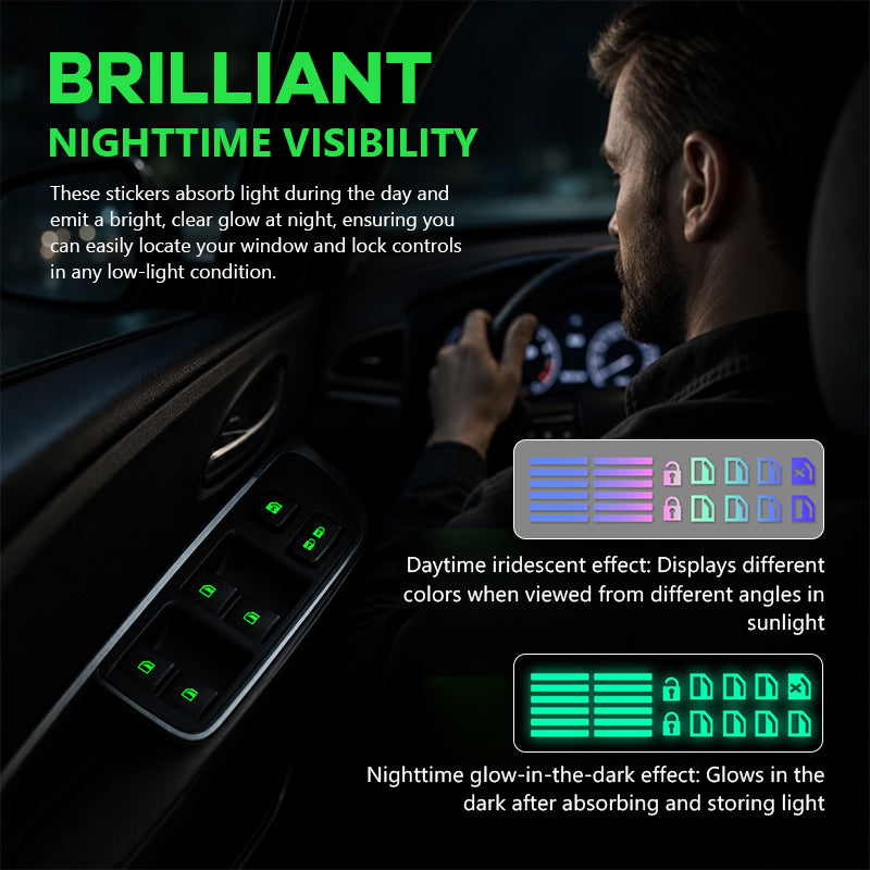🚗✨ Auto Raamschakelaar Lichtgevende Stickers – Kleurrijke Nachtgloeiende Waarschuwingsknop Stickers 🌈🌙