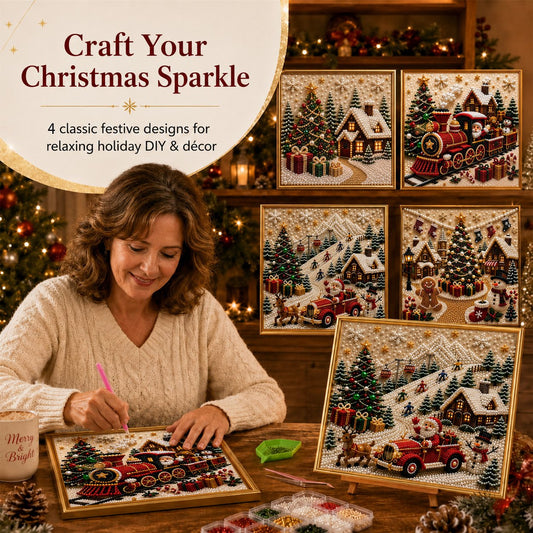 🎄🎅 Premium 3D-kerstwanddecoratieset met parels | Luxe canvas met vloklaag en krasbestendige, kleurvaste parelkraaltjes – DIY-kerstdecoratie ⛄️❄️