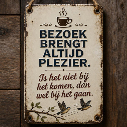 🏡 Grappig metalen bordje met een citaat van een bezoeker – Breng Gezelligheid in Huis! ☕🐦