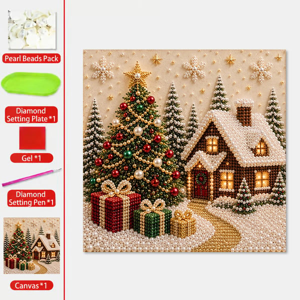 🎄🎅 Premium 3D-kerstwanddecoratieset met parels | Luxe canvas met vloklaag en krasbestendige, kleurvaste parelkraaltjes – DIY-kerstdecoratie ⛄️❄️