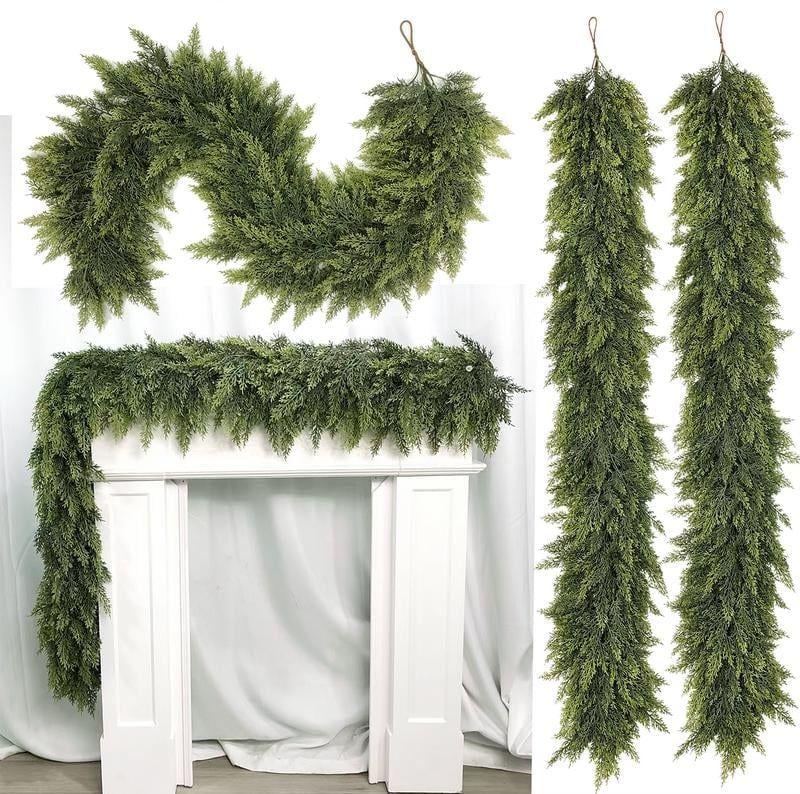 💥6FT realistische cipressenkerstslinger – kunstmatig groenblad voor de schoorsteenmantel, het trappenhuis en de deuropening