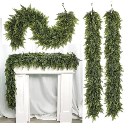 💥6FT realistische cipressenkerstslinger – kunstmatig groenblad voor de schoorsteenmantel, het trappenhuis en de deuropening