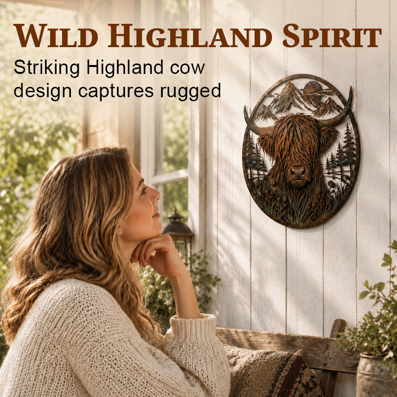 🐂Metalen wanddecoratie met berglandschap en Highland-koe🏔️