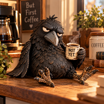 🐦‍⬛☕️ Grumpy Coffee Raven-beeldje – “Not Yet” grappige ochtenddecoratie ✨