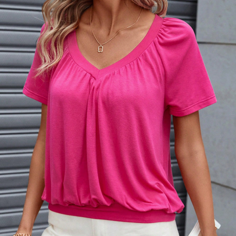 Vrouwen casual geplooide V-hals top met korte mouwen